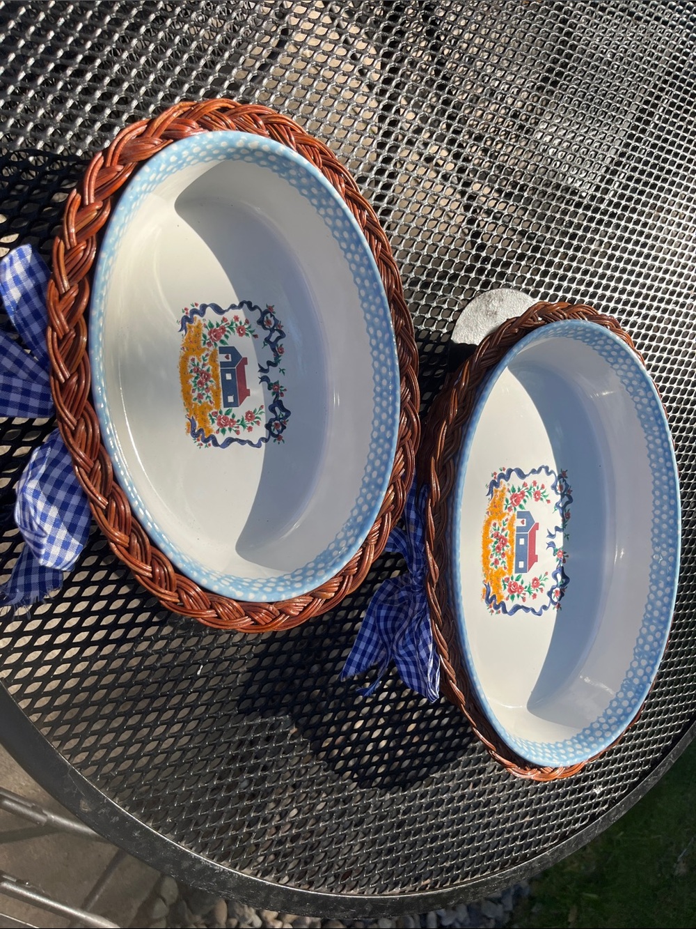 White Ceramic Serveware Bowls with Light Blue Floral Rim and Wicker Trim